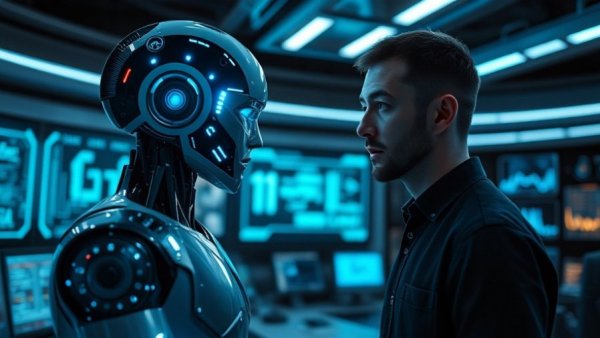 Futuristic AI robot and man interaction, AI for business concept.