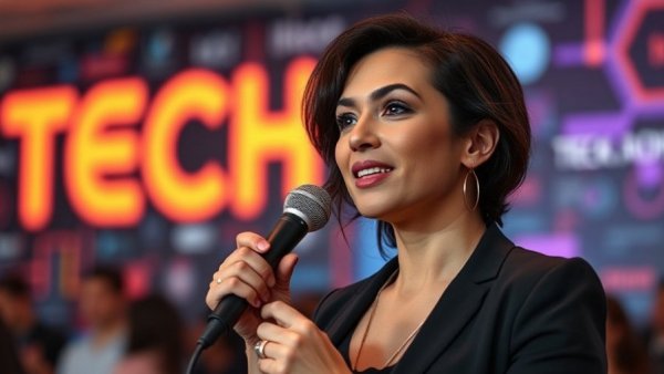 Tech conference speaker discussing AI tools.