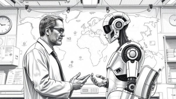 AI for business strategy, scientist with robot in lab sketch.