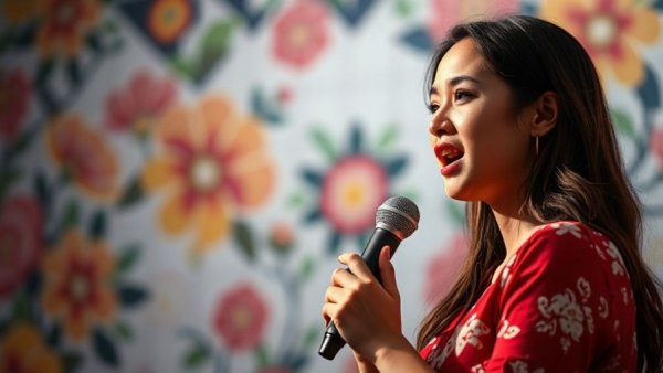 Young woman speaking passionately on stage about AI tools and water usage.