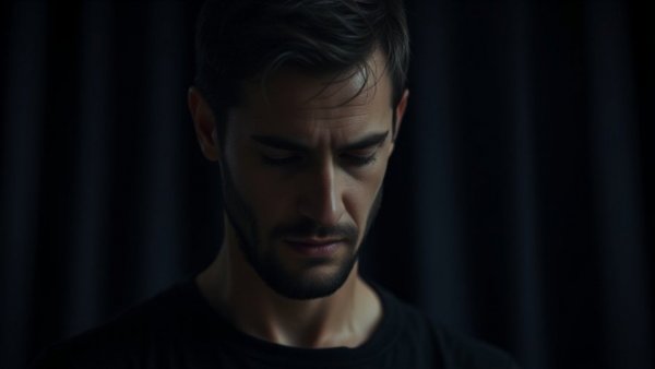 Somber reflective man looking down, star backdrop, AI tools concept.