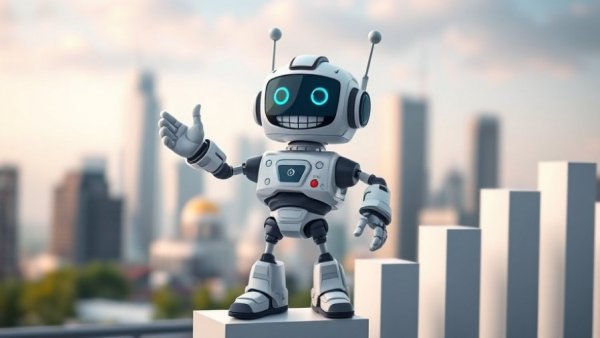 AI for business concept with cartoon robot standing on a graph.