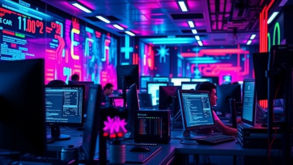 AI for business use in a vibrant digital office with coding.