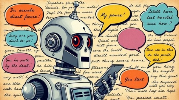 AI analyzes language: Robot examines colorful speech bubbles.