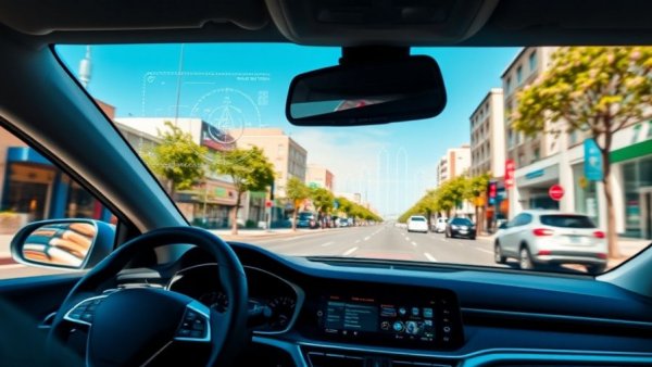 AI tools for self-driving software interface on urban street.