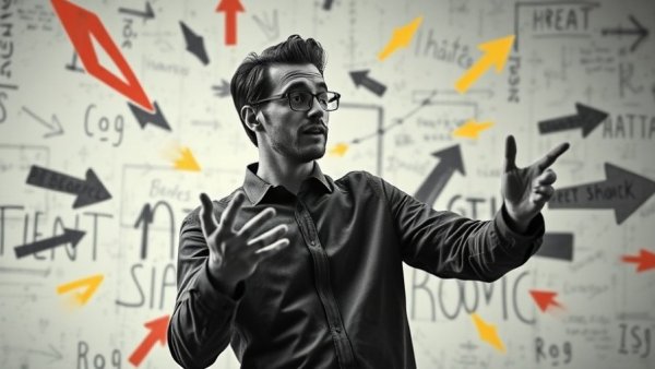 Monochrome portrait of a person gesturing, abstract background with arrows.