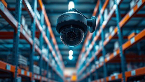 AI for business: Security camera in modern warehouse.