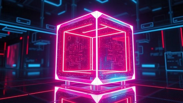 Futuristic glowing cube in digital space, AI for business.