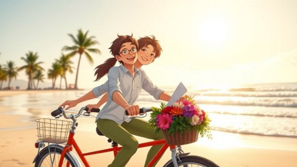 ChatGPT Image 1.5: Anime-style couple riding tandem bike on a beach.