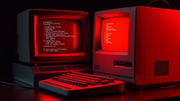 Vintage computer setup with red screen, ideal for AI for business.