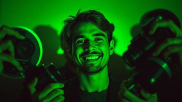 Green-tinted smiling face with blurred shadows, AI tools and data center investment theme.