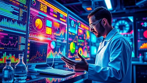 Scientist analyzing AI data in a colorful abstract environment for business innovation.