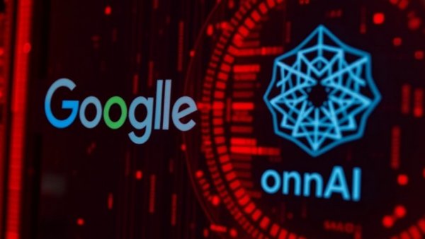 Distorted AI tools logos Google OpenAI in red light