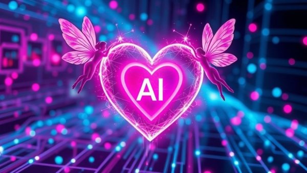 Cosmic fusion of AI tools, neon heart, and fairies in digital artwork.