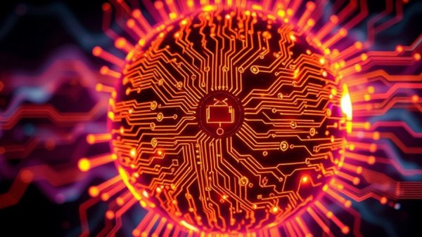 Futuristic design of AI tools, glowing circuits in vibrant sphere.