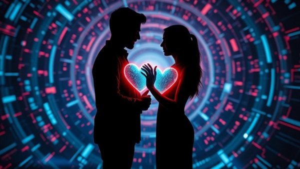 Digital silhouettes kissing with interconnected hearts, representing AI tools in dating.
