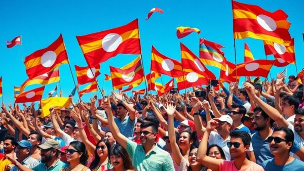 Lively group with flags against clear blue sky, vibrant scene.