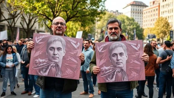 People at a protest holding posters in an urban setting, highlighting AI tools.