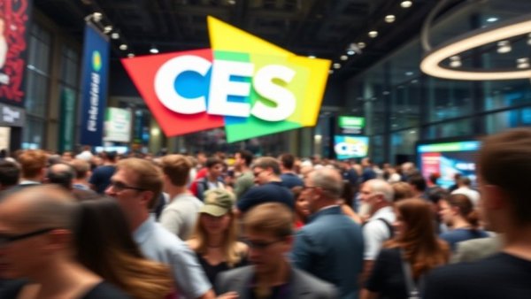 Dynamic scene at CES conference with crowd and sign.