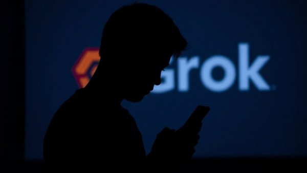 Silhouette using smartphone with Grok logo in background, AI tools.