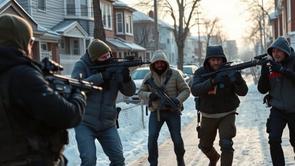 Intense standoff in snowy neighborhood, highlighting AI tools in misinformation.