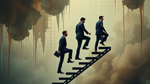 Conceptual digital art of professionals climbing a binary code ladder.