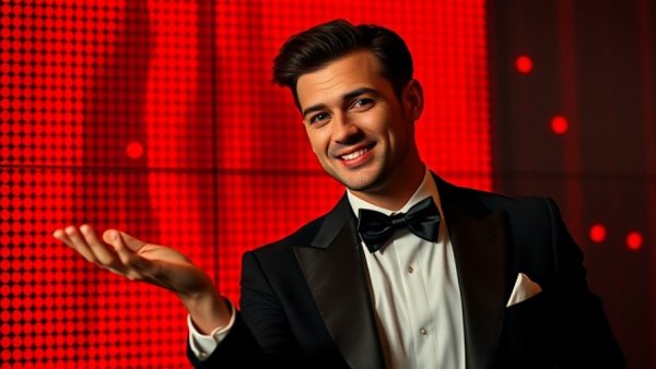 Man in tuxedo shrugging with pixelated red background, AI tools.