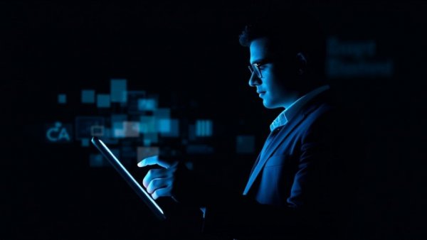 Pixelated professional with AI tools and tech devices in blue.