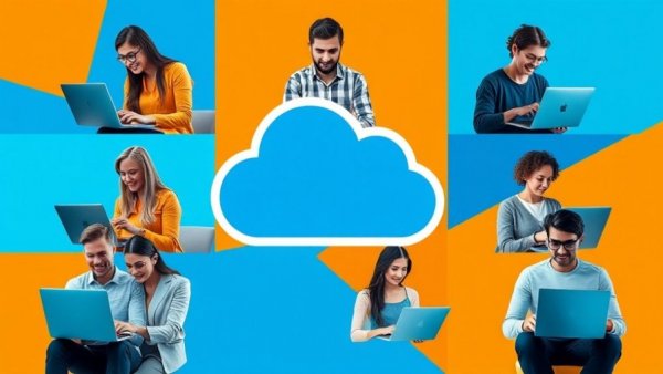 AI tools concept with diverse people using laptops and cloud symbol.