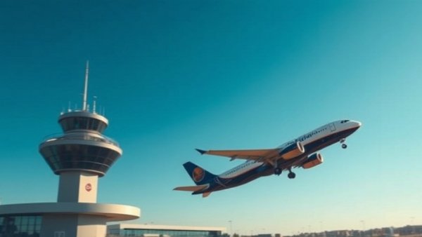 Airplane taking off near control tower, symbolizing business growth.
