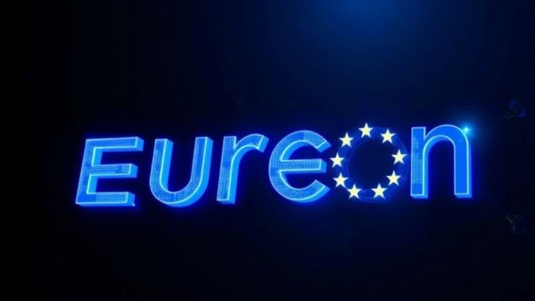 Stylized AI interface with EU stars overlay on a dark background.