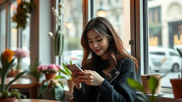 Woman using phone in cozy cafe with floral decor, symbolizing AI tools.