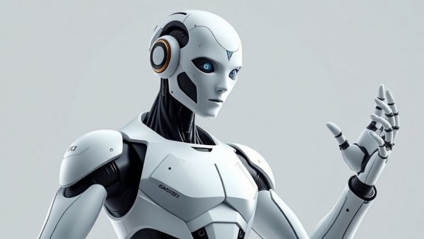 Chinese humanoid robot coworker with a sleek, futuristic design gesturing.