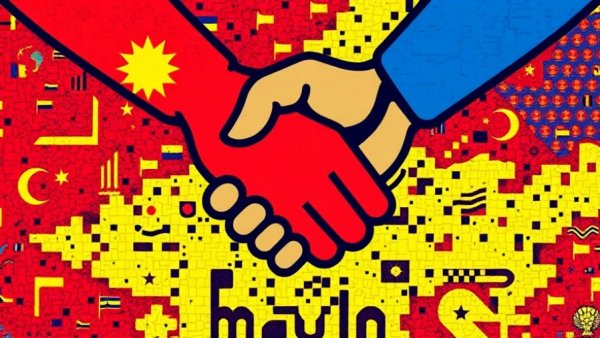US-China AI collaboration illustrated by hands shaking against pixelated flags.