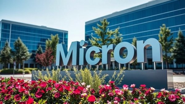 Micron corporate office sign surrounded by flowers, representing community benefits agreement.