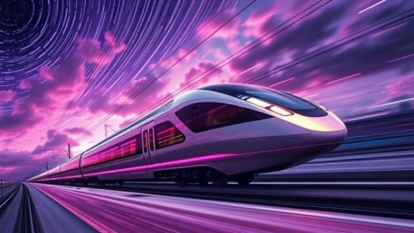 High-speed futuristic train moving swiftly under colorful skies, symbolizing AI for business.