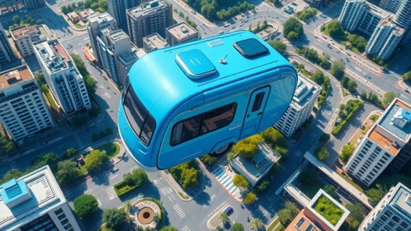 Futuristic AI tools concept with floating caravan over city.