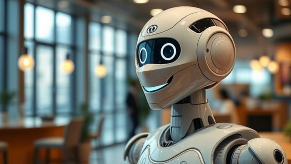 Friendly humanoid robot smiling in a hospitality setting.