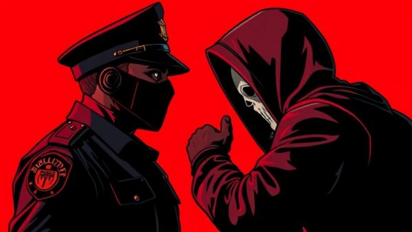 Confrontational graphic scene featuring officer and protester