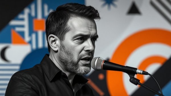 Abstract portrait of a man with microphone and geometric background, AI tools theme.