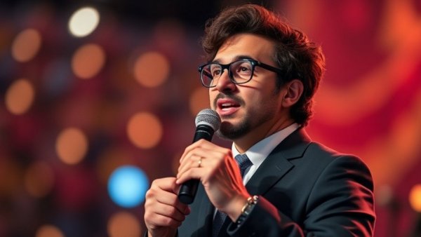 Male speaker discussing AI tools ban by Trump, vivid background.