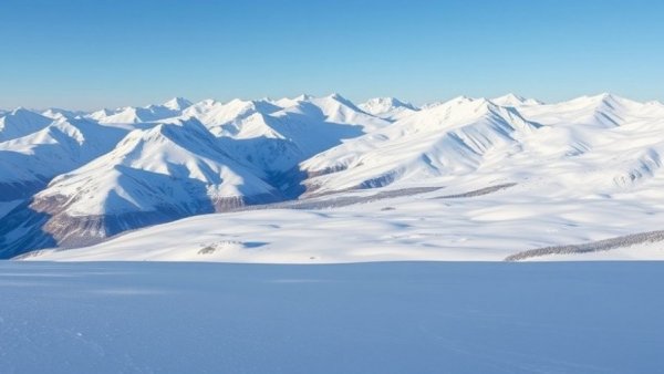 Expansive snow-covered mountains under a clear Arctic sky.