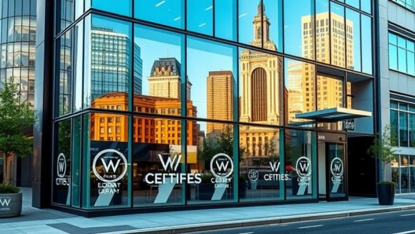 Modern AI tools for writing feedback: office facade with branding.