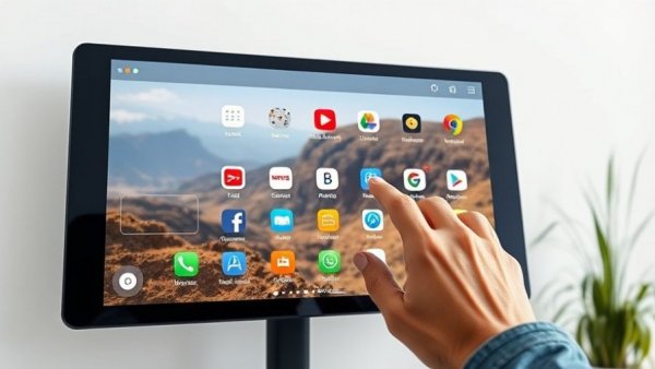 Modern digital smart screen interface displaying apps, AI tools interaction.
