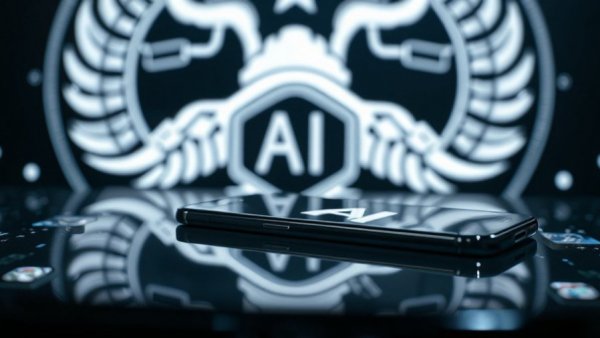 AI tools concept with mobile screen and military emblem.