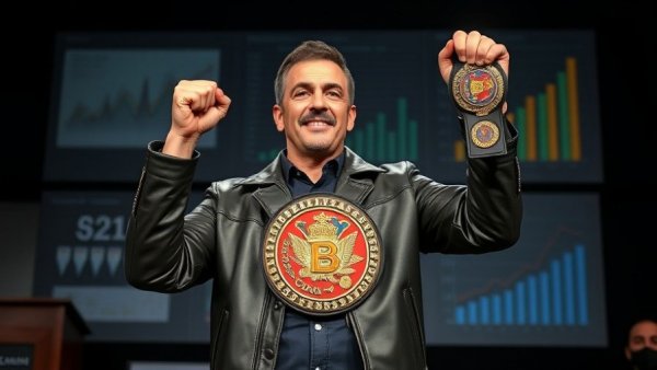 Confident speaker holding championship belt at conference, scaling strategies through podcasting.