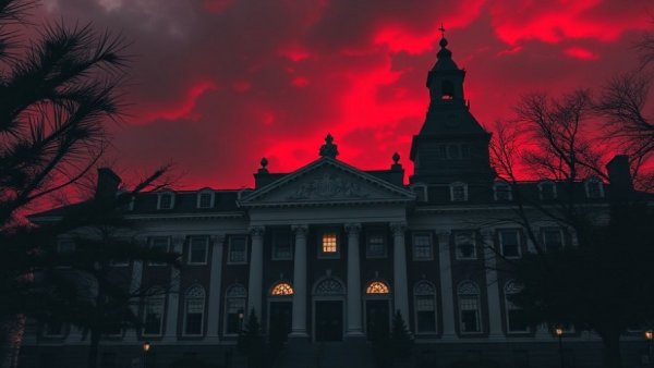 Academic institute facade against vivid red sky, representing AI tools and geopolitical challenges.