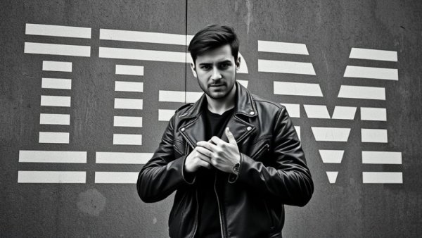 Young man gesturing boldly by IBM logo, Apple's 50 Years of Integration