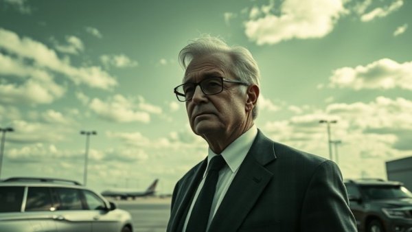 Man in suit on tarmac near SUVs under dramatic sky.