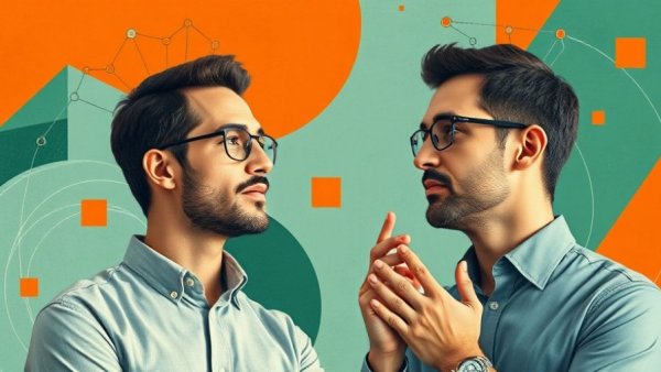 Abstract collage of two men discussing AI tools.